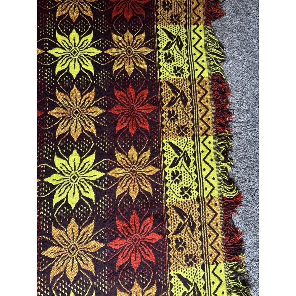 Vintage Polish Folk Wool Blanket Jacquard Floral Geometric Throw. Boho. Autumn.